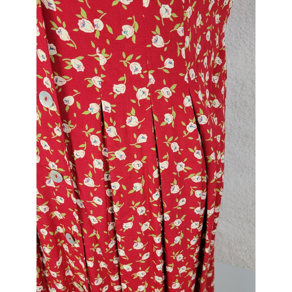 Vintage Sara Campbell Red Floral Midi Dress Petite 8P Button Front Rayon - Picture 7 of 14